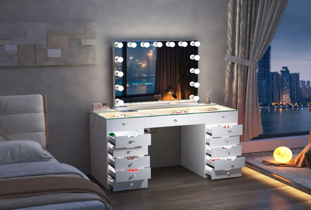 Makeup vanity with mirror and lights in a bedroom setting