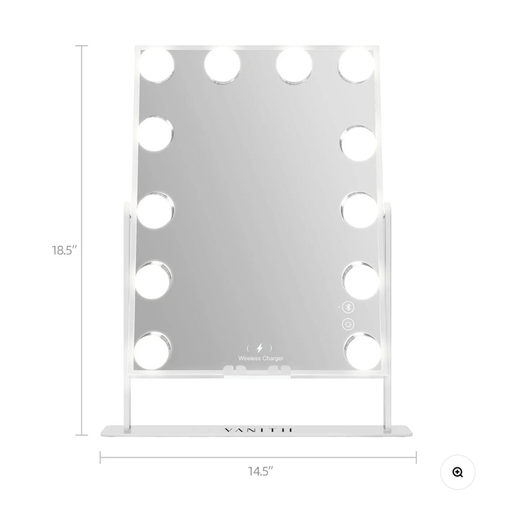 White makeup mirror with round lights and dimensions on a white background