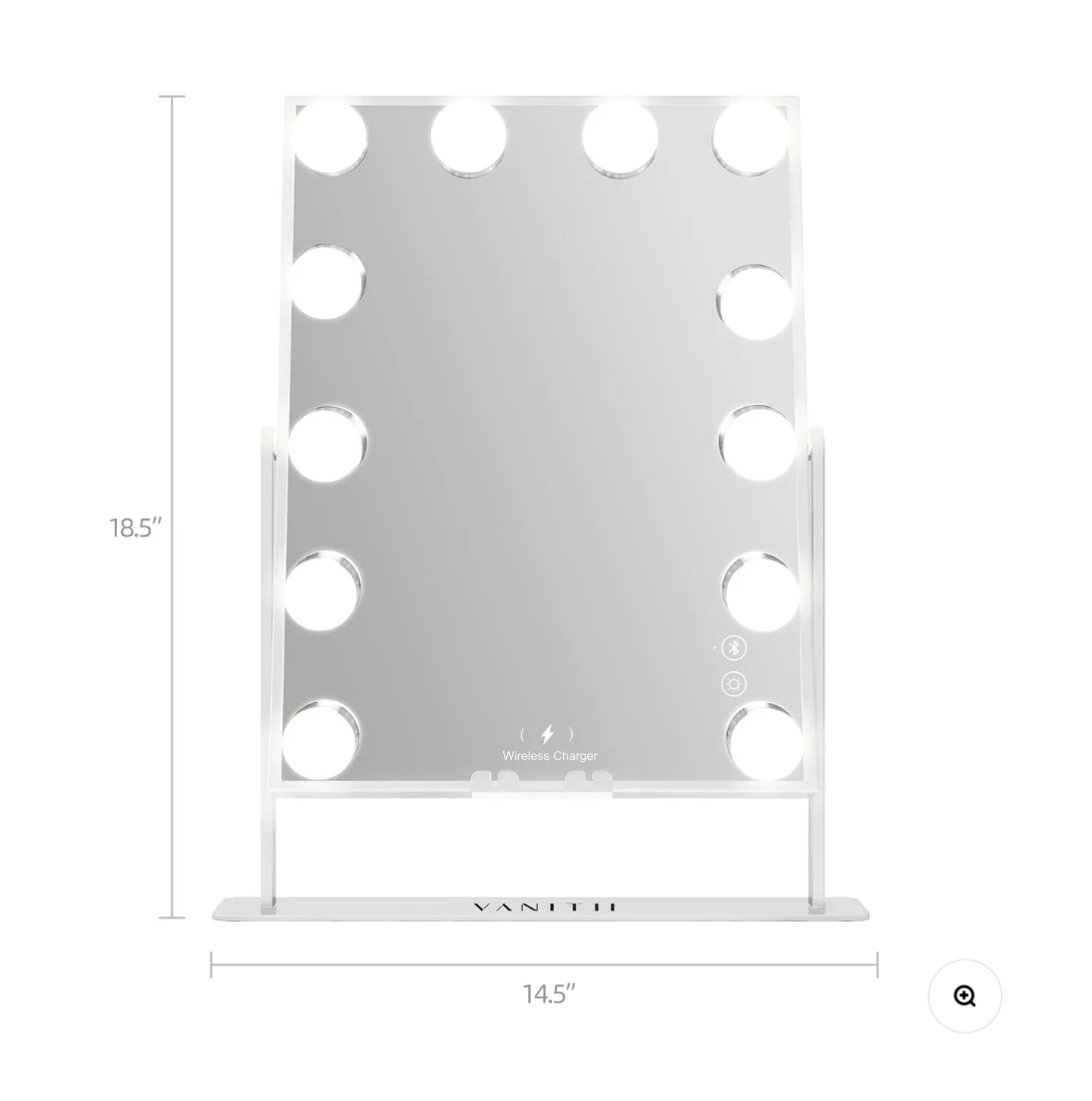 White makeup mirror with round lights and dimensions on a white background