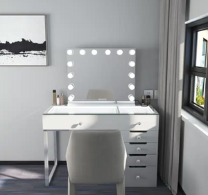 White vanity desk with mirror and chair in a room setting