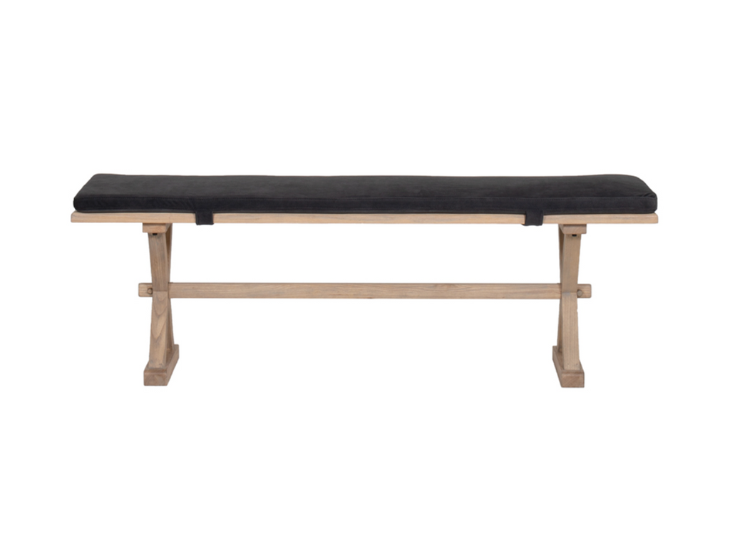 Wooden bench with a black cushion on a white background