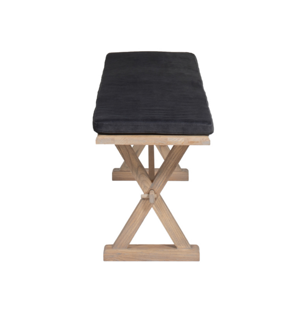 Wooden bench with a black cushion on a white background
