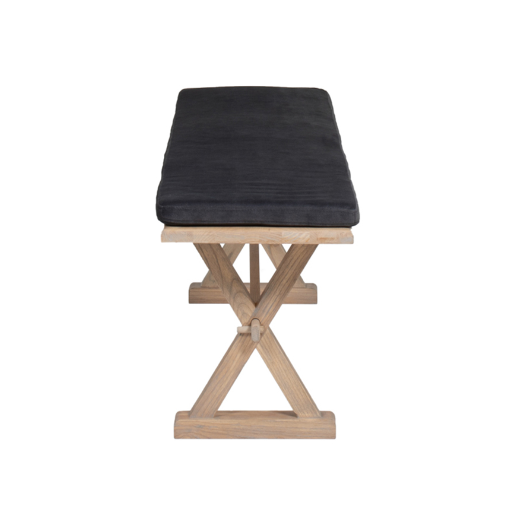 Wooden bench with a black cushion on a white background