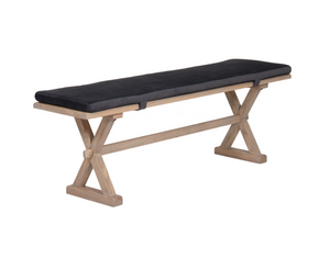 Bench with black cushion and wooden frame on a white background