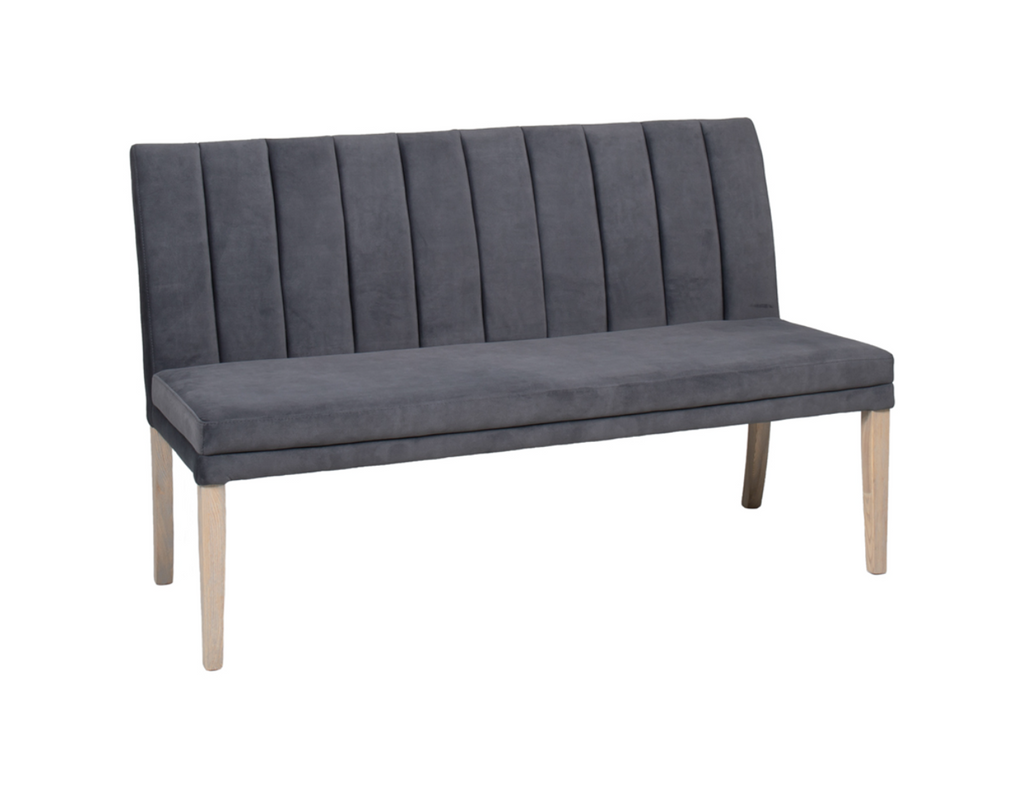Grey upholstered bench with wooden legs on a white background