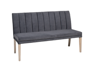 Grey upholstered bench with wooden legs on a white background