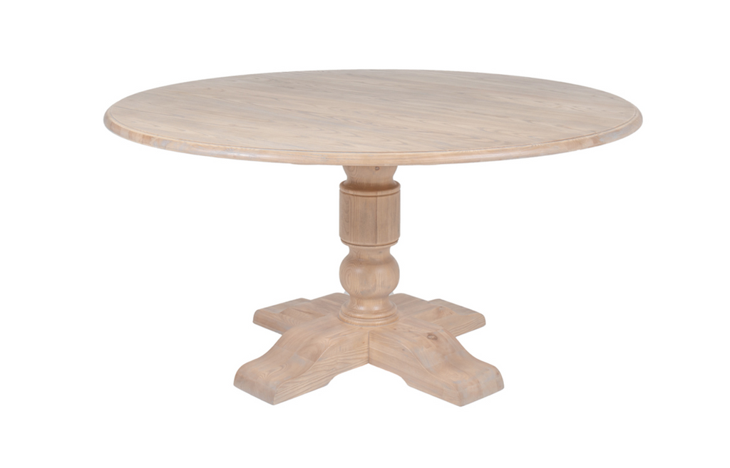 Round wooden table with a pedestal base on a white background