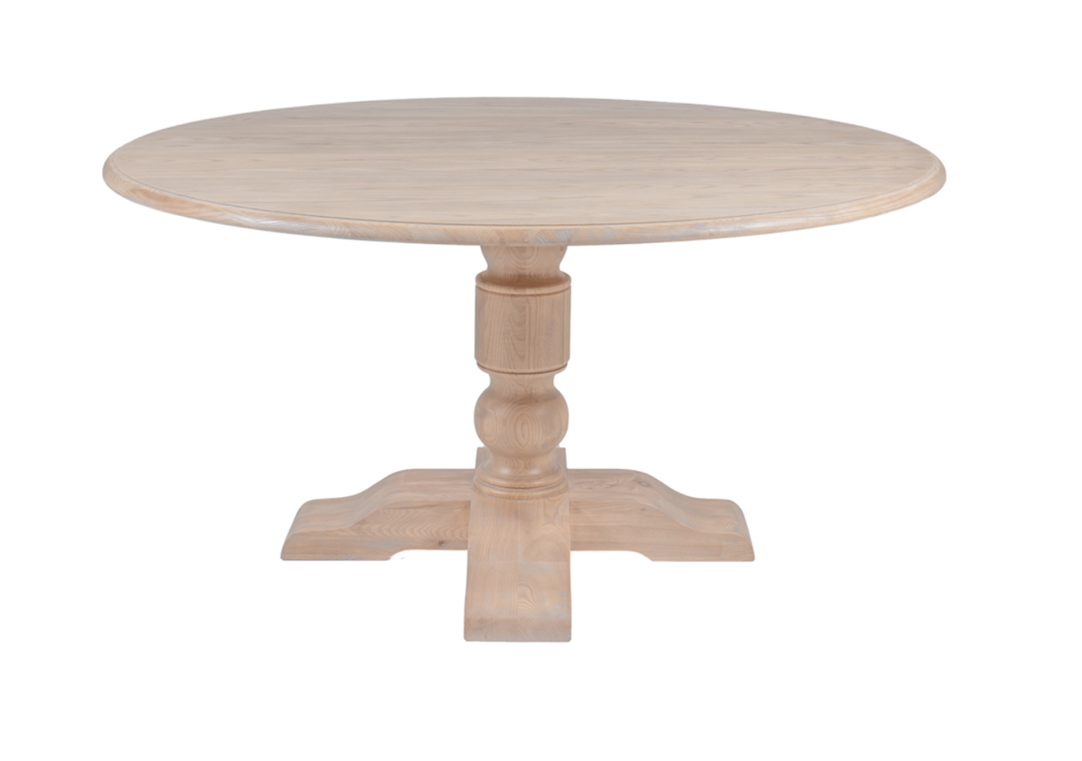 Round wooden table with a pedestal base on a white background