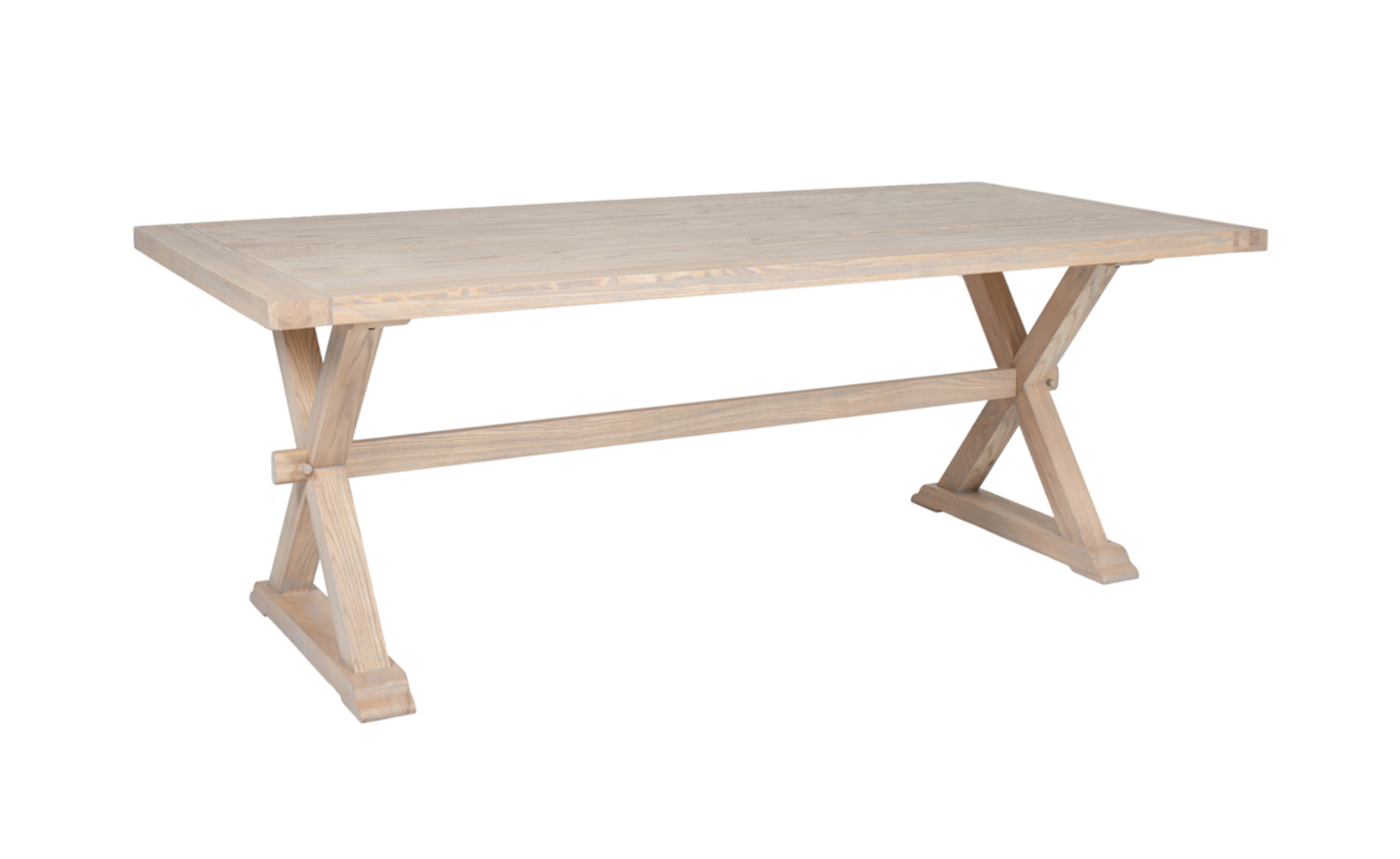 Wooden dining table with X-shaped legs on a white background