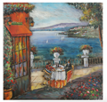 Painting of a couple dining on a balcony overlooking a scenic lake with mountains.