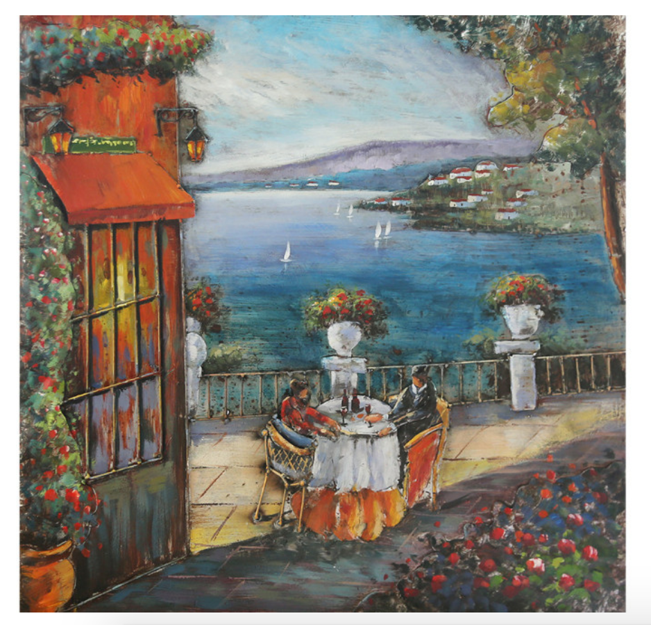 Painting of a couple dining on a balcony overlooking a scenic lake with mountains.