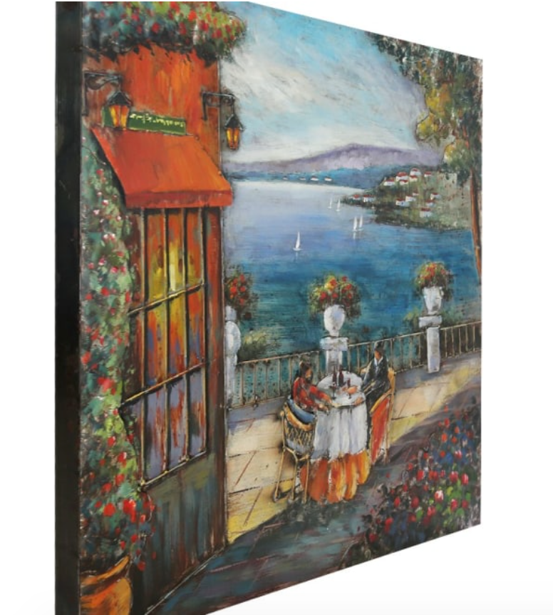 Painting of a scenic outdoor cafe with people dining by a lake.