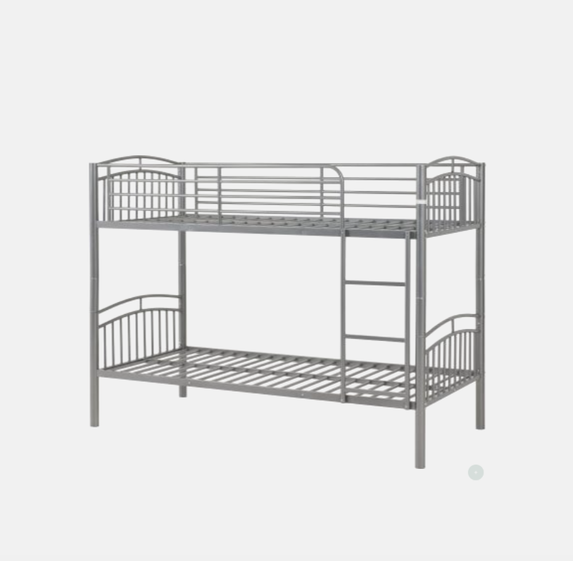 Gray metal bunk bed on a white background