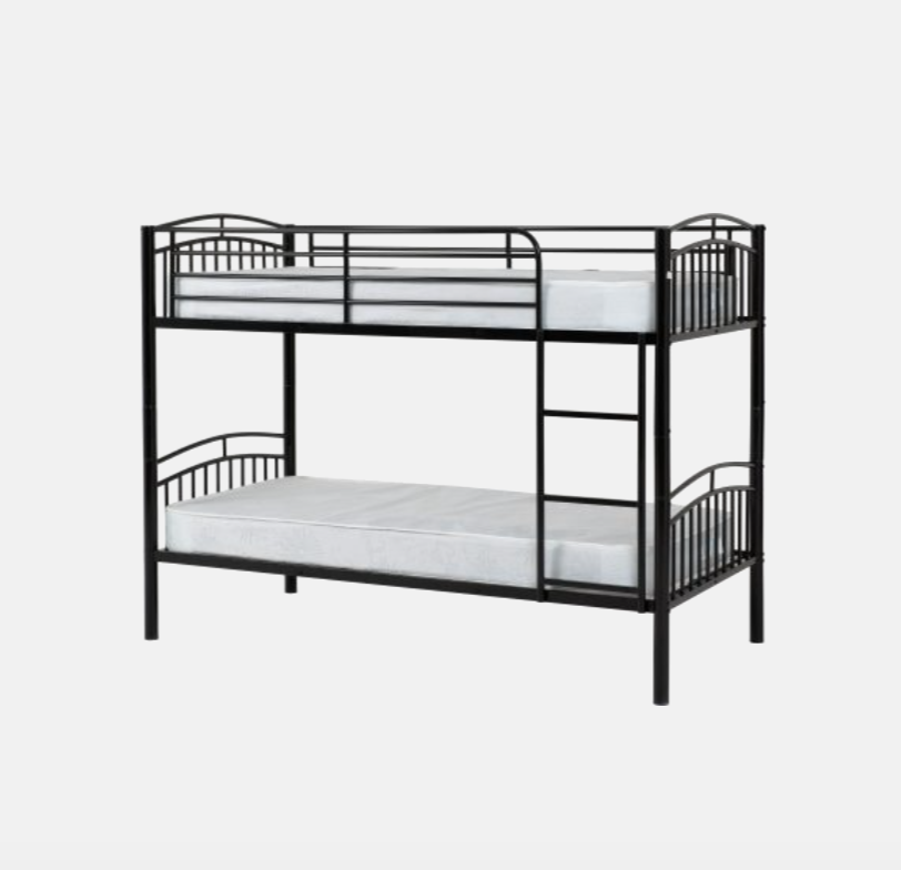 Black metal bunk bed with white mattresses on a white background