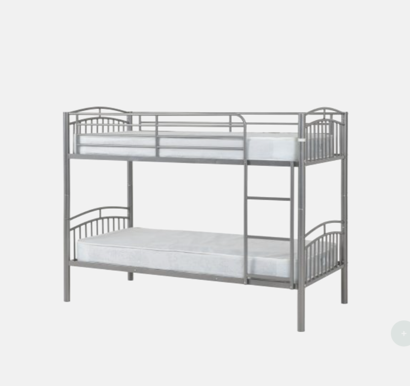 Metal bunk bed with white mattresses on a light gray background