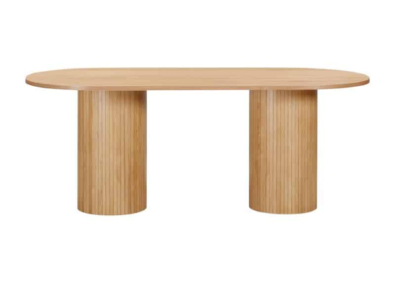 An oval dining table made of oak with a double slim panelled pedestal base.