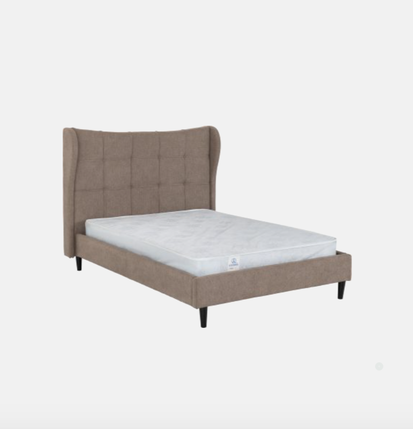 Beige upholstered bed with a white mattress on a white background