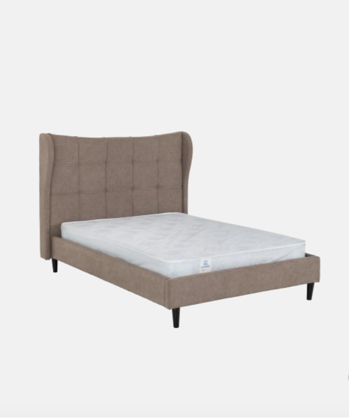 Brown upholstered bed with white mattress on a white background