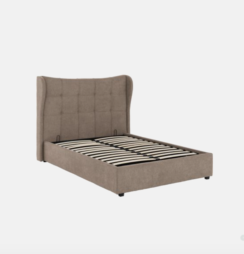 Brown upholstered bed frame on a white background