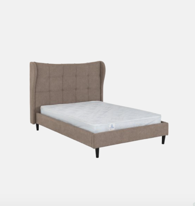 Beige upholstered bed with a mattress on a white background