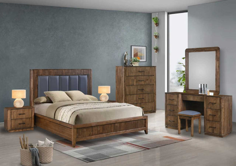 Wooden bedroom furniture set with bed, dresser, and nightstands in a room.
