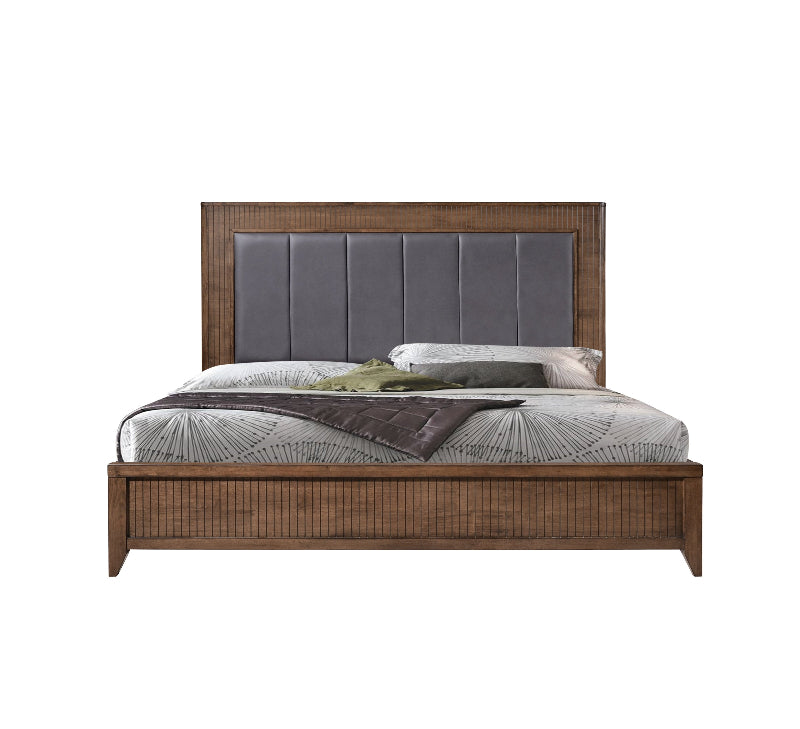 Bed with brown wooden frame and grey upholstered headboard on a white background