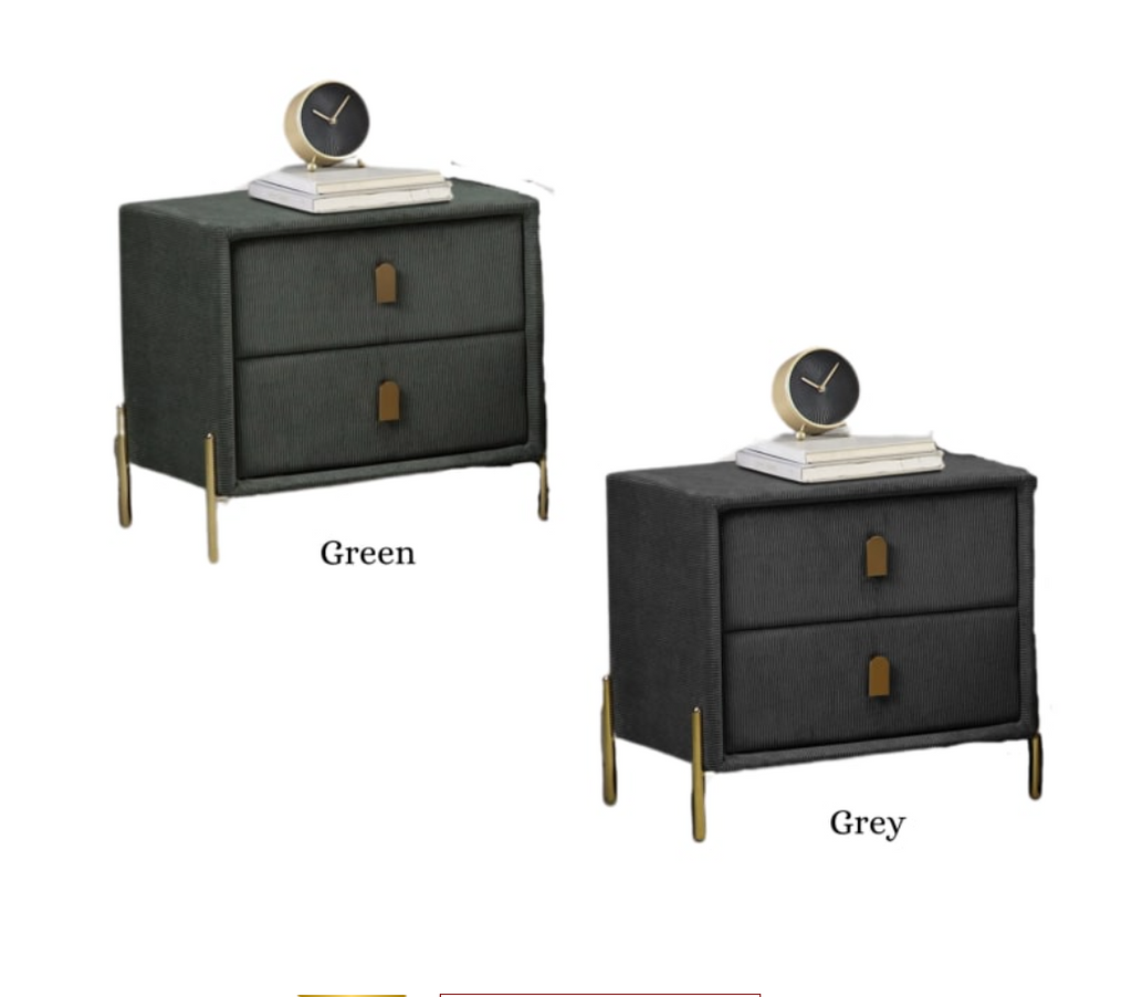 Two nightstands, one green and one grey, on a white background.