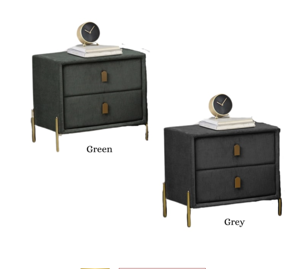 Two nightstands, one green and one grey, on a white background.