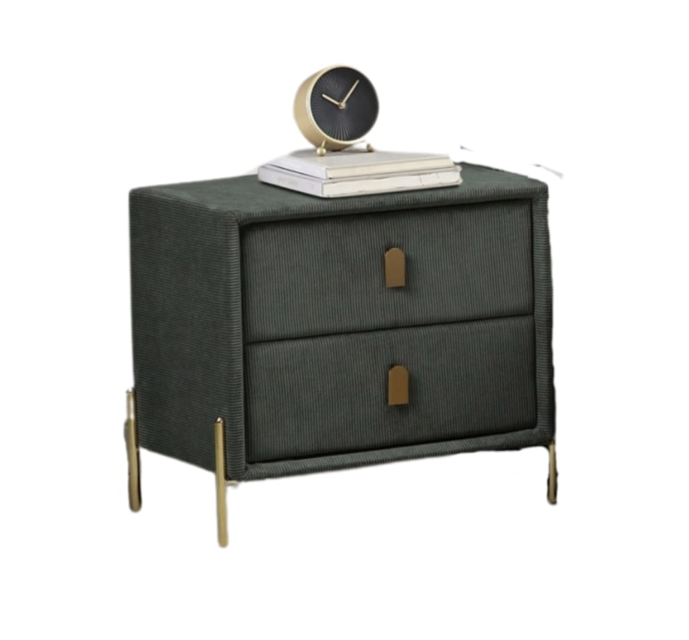 Dark gray nightstand with brass accents on a white background