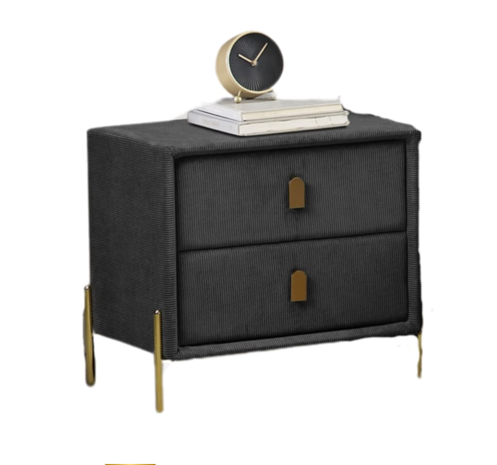 Black nightstand with two drawers and gold accents on a white background