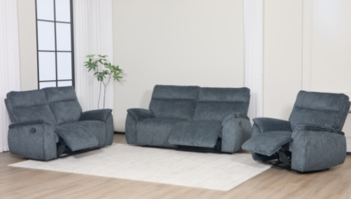 Gray reclining sofa set in a room with light-colored walls and wooden floor.
