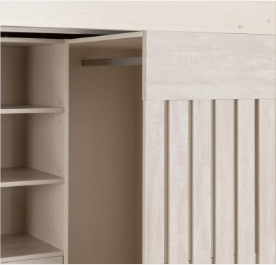 Wooden wardrobe with sliding door open, showing interior shelves.