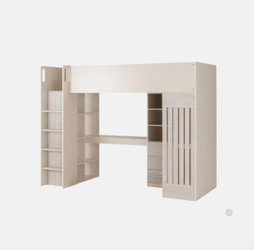 Beige loft bed with desk and shelves on a white background