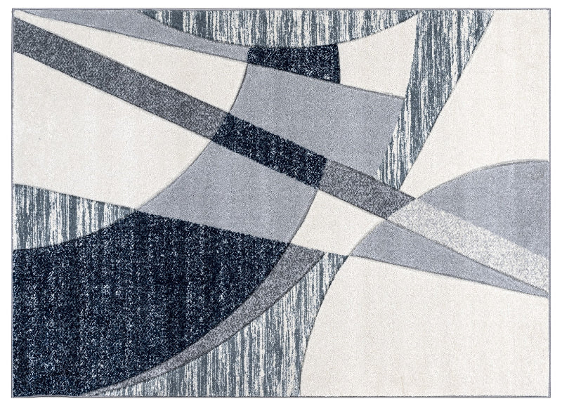 Abstract geometric rug with black, gray, and white pattern on a textured background