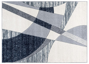 Abstract geometric rug with black, gray, and white pattern on a textured background