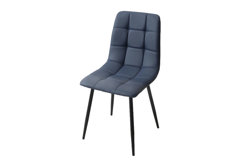 Blue PU dining chair with a black frame and visible armrests.