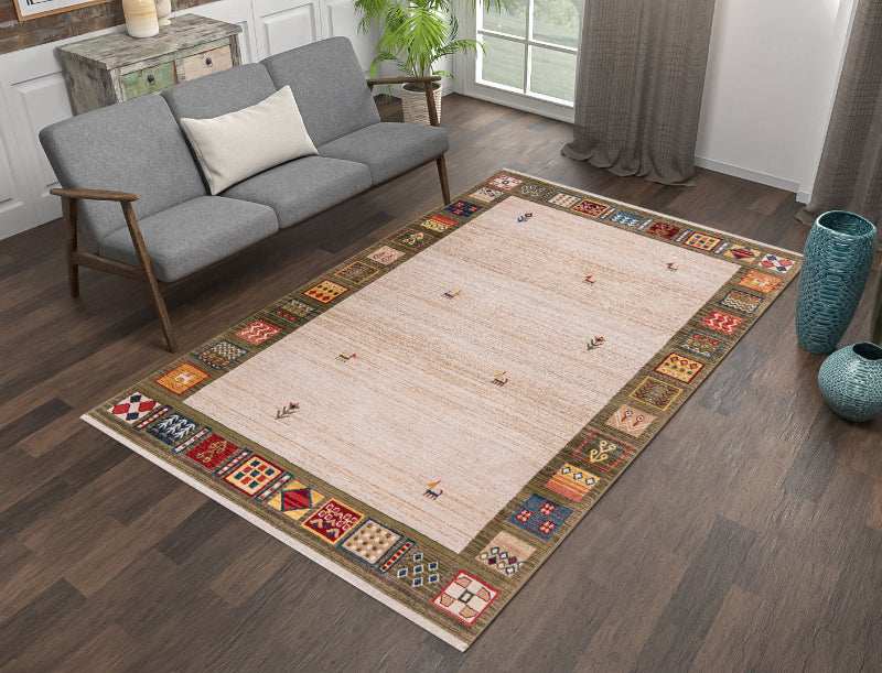 Decorative rug with geometric pattern on wooden floor in living room