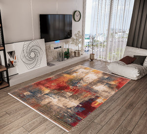 Abstract rug in living room.