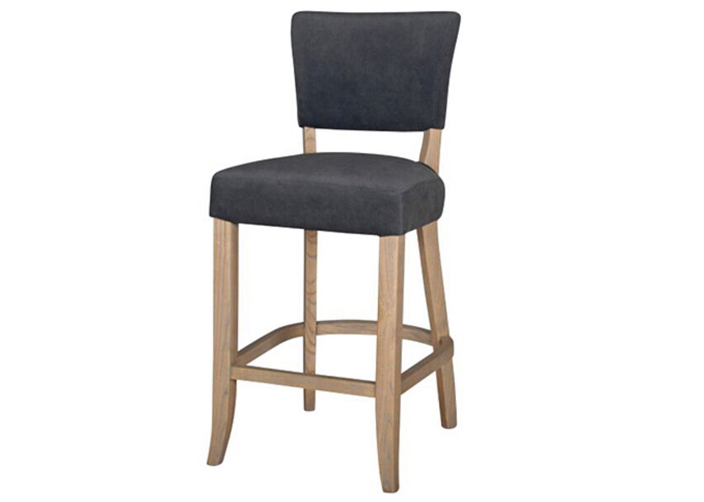 A dark grey velvet barstool with solid oak legs.