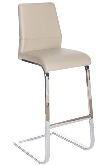 A taupe-colored bar stool with chrome stand tube and stainless steel legs.